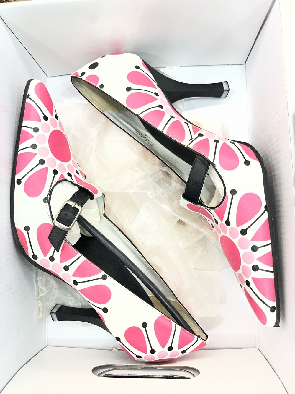MIA Pink & White Patterned Mary Jane Heels with Black Strap - Picture 9 of 10